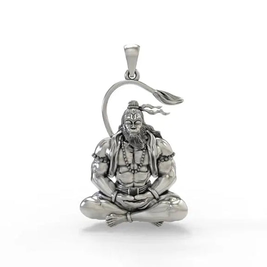 Raksha Kavach Hanuman Ji Oxidised Silver Pendant (FREE Silver Chain)